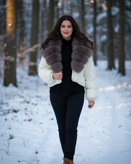 Cropped Daunenjacke Damen mit Fuchsfellkragen creme - Ansicht 1