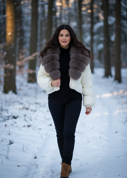 Cropped Daunenjacke Damen mit Fuchsfellkragen creme - Ansicht 1