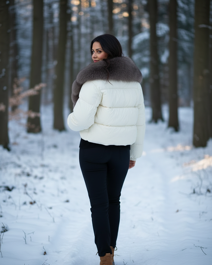 Cropped Daunenjacke Damen mit Fuchsfellkragen creme - Ansicht 2