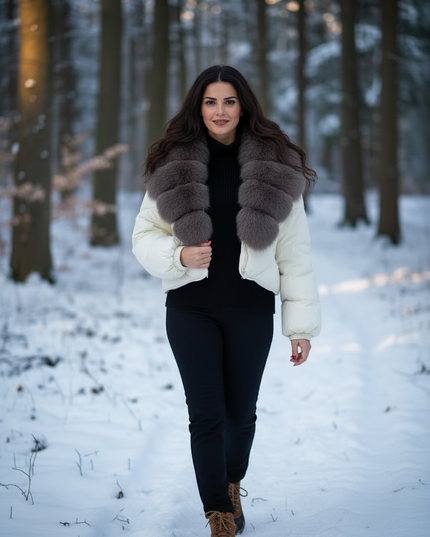 Cropped Daunenjacke Damen mit Fuchsfellkragen creme - Ansicht 3