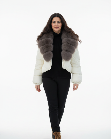 Cropped Daunenjacke Damen mit Fuchsfellkragen creme - Ansicht 5
