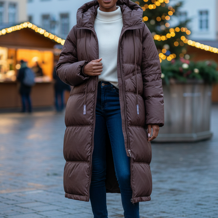 Daunen Winterjacke Damen lang mit Kapuze 90 % Daunen - Ansicht 1