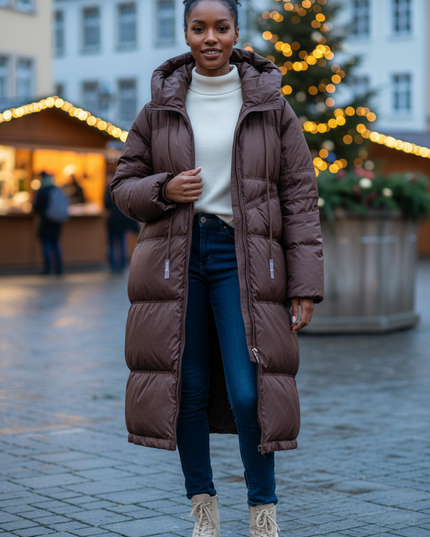 Daunen Winterjacke Damen lang mit Kapuze 90 % Daunen - Ansicht 1