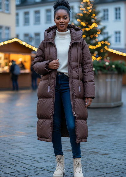 Daunen Winterjacke Damen lang mit Kapuze 90 % Daunen - Ansicht 1