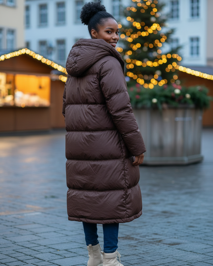 Daunen Winterjacke Damen lang mit Kapuze 90 % Daunen - Ansicht 2