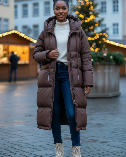 Daunen Winterjacke Damen lang mit Kapuze 90 % Daunen - Ansicht 3