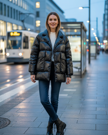 Daunenblazer Damen schwarz mit Reverskragen - Ansicht 1