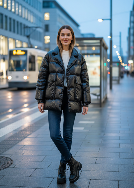 Daunenblazer Damen schwarz mit Reverskragen - Ansicht 1