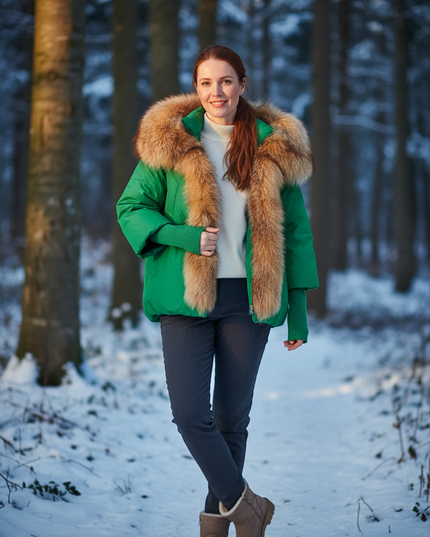 Daunenjacke Damen Grün kurz mit Fuchsfellkapuze - Ansicht 1