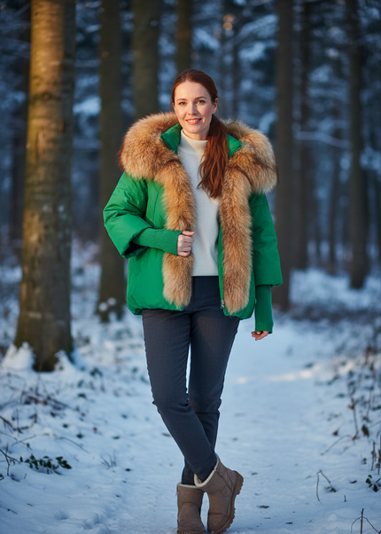 Daunenjacke Damen Grün kurz mit Fuchsfellkapuze - Ansicht 1