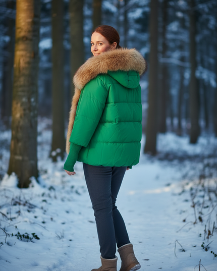 Daunenjacke Damen Grün kurz mit Fuchsfellkapuze - Ansicht 2