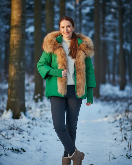 Daunenjacke Damen Grün kurz mit Fuchsfellkapuze - Ansicht 3