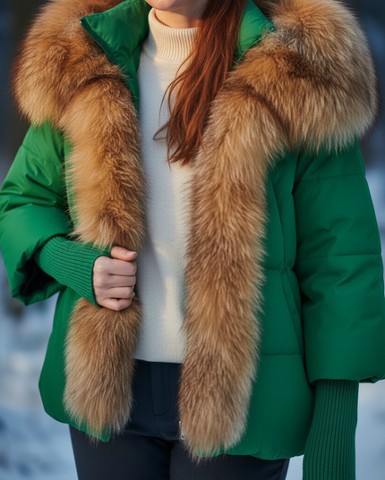 Daunenjacke Damen Grün kurz mit Fuchsfellkapuze - Ansicht 4
