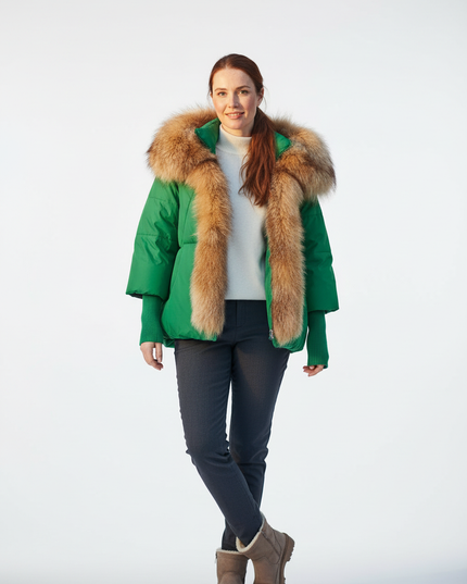 Daunenjacke Damen Grün kurz mit Fuchsfellkapuze - Ansicht 5