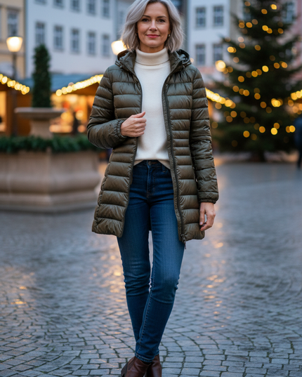 Daunenjacke Damen Grün lang mit Kapuze - Ansicht 1