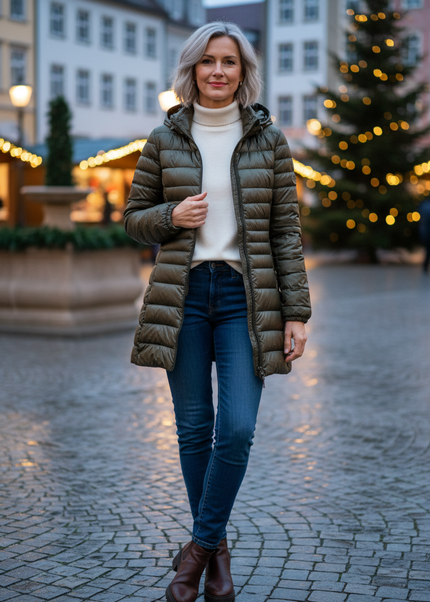 Daunenjacke Damen Grün lang mit Kapuze - Ansicht 1