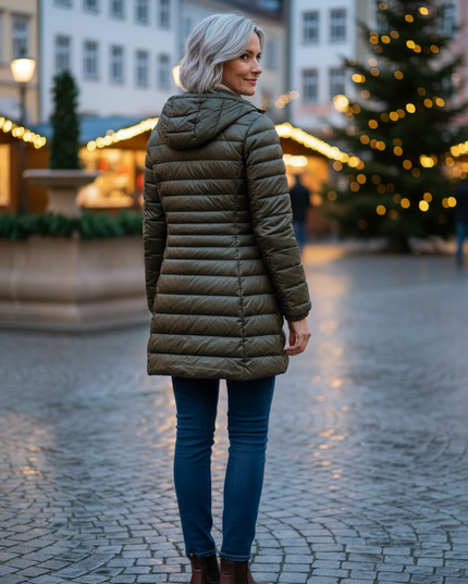 Daunenjacke Damen Grün lang mit Kapuze - Ansicht 2