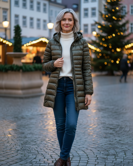 Daunenjacke Damen Grün lang mit Kapuze - Ansicht 3