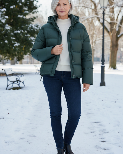 Daunenjacke Damen Grün mit Kapuze 90% Daunen - Ansicht 1