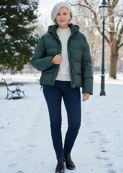 Daunenjacke Damen Grün mit Kapuze 90% Daunen - Ansicht 1
