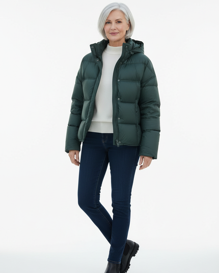 Daunenjacke Damen Grün mit Kapuze 90% Daunen - Ansicht 5