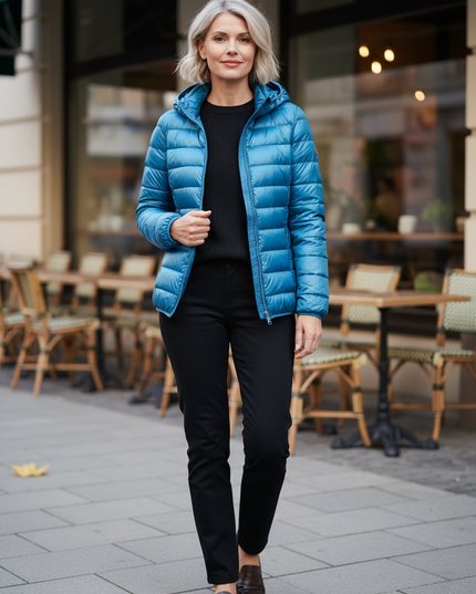 Daunenjacke Damen Hellblau mit Kapuze und Beutel - Ansicht 1