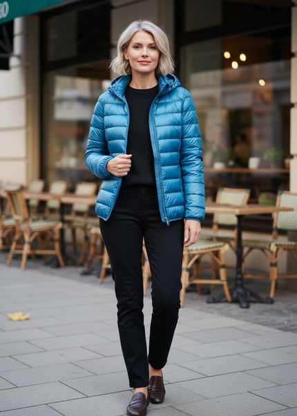 Daunenjacke Damen Hellblau mit Kapuze und Beutel - Ansicht 1