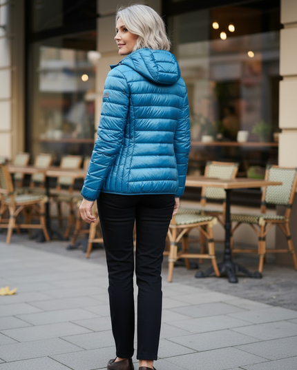 Daunenjacke Damen Hellblau mit Kapuze und Beutel - Ansicht 2