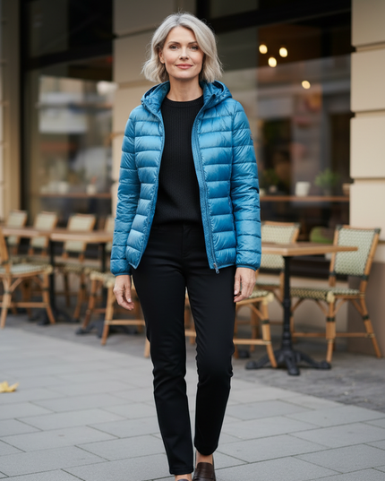 Daunenjacke Damen Hellblau mit Kapuze und Beutel - Ansicht 3