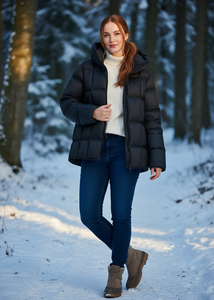 Daunenjacke Damen kurz mit Kapuze schwarz 90% Daunen - Ansicht 1