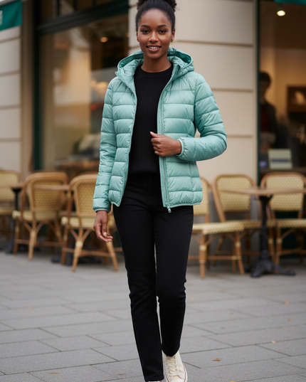 Daunenjacke Damen Mint mit Kapuze und 80 % Daunen - Ansicht 1