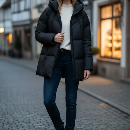 Daunenjacke Damen mittellang mit Kapuze, 90 % Daunen - Ansicht 1