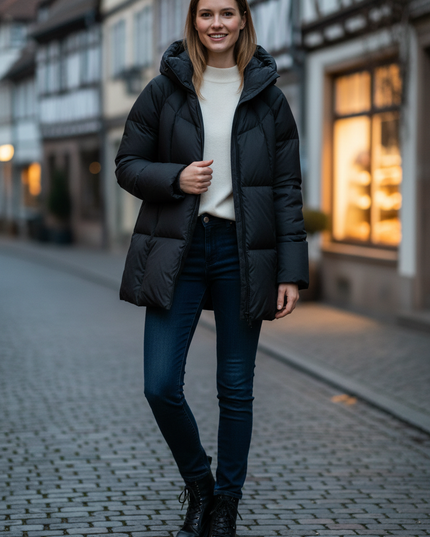 Daunenjacke Damen mittellang mit Kapuze, 90 % Daunen - Ansicht 1