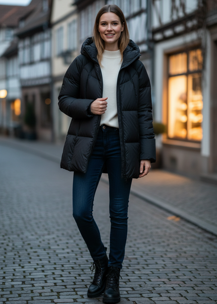 Daunenjacke Damen mittellang mit Kapuze, 90 % Daunen - Ansicht 1
