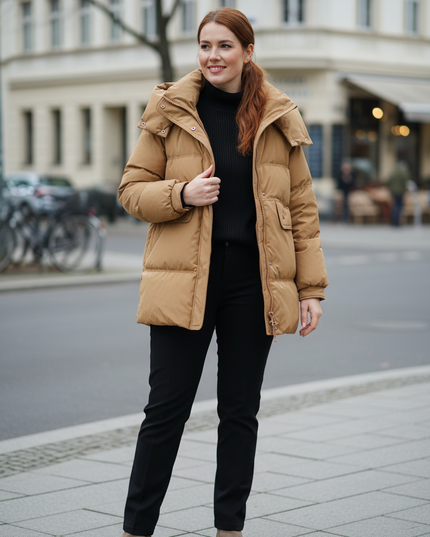 Daunenjacke Damen oberschenkellang mit Kapuze - Ansicht 1