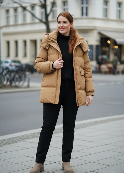 Daunenjacke Damen oberschenkellang mit Kapuze - Ansicht 1
