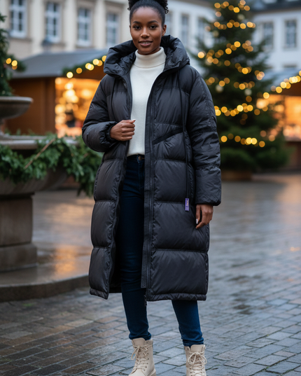 Daunenjacke Damen Schwarz lang mit Kapuze - Ansicht 1
