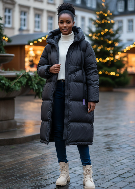 Daunenjacke Damen Schwarz lang mit Kapuze - Ansicht 1