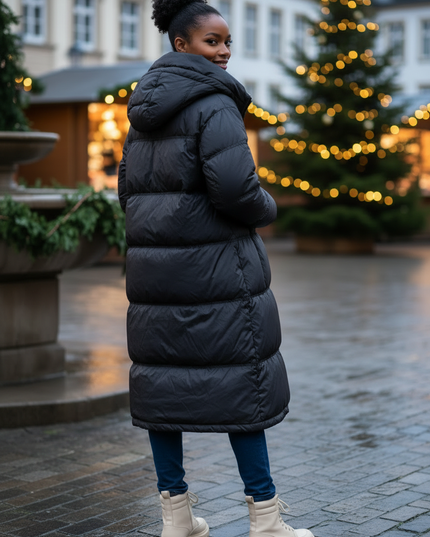 Daunenjacke Damen Schwarz lang mit Kapuze - Ansicht 2