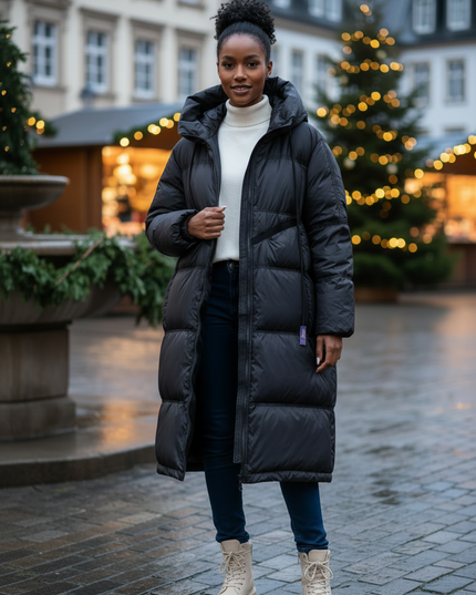 Daunenjacke Damen Schwarz lang mit Kapuze - Ansicht 3