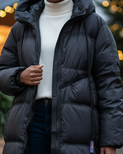 Daunenjacke Damen Schwarz lang mit Kapuze - Ansicht 4