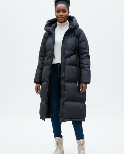 Daunenjacke Damen Schwarz lang mit Kapuze - Ansicht 5