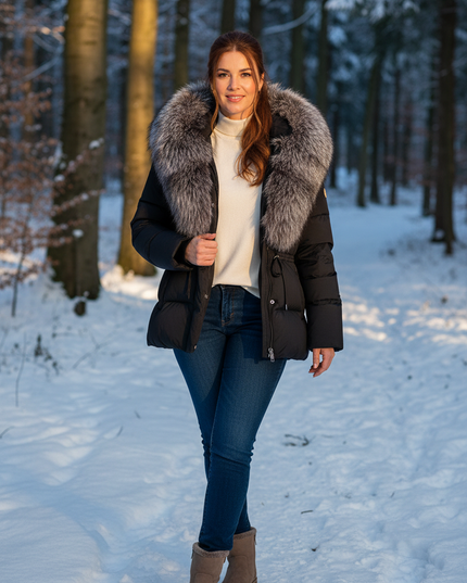 Daunenjacke Damen Winter mit Kapuze schwarz kurz - Ansicht 1