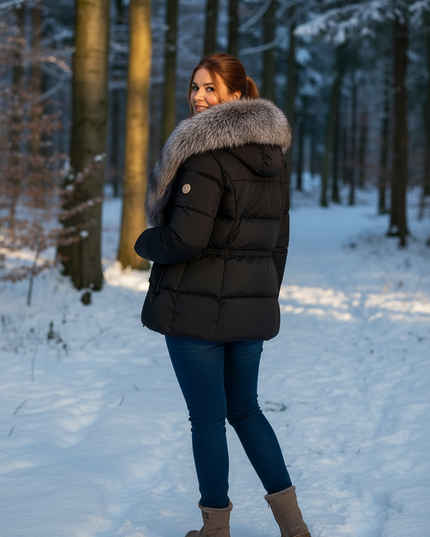 Daunenjacke Damen Winter mit Kapuze schwarz kurz - Ansicht 2