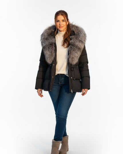 Daunenjacke Damen Winter mit Kapuze schwarz kurz - Ansicht 5