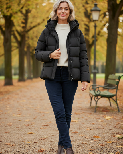 Daunenjacke kurz Schwarz mit Kapuze und Daunen - Ansicht 1