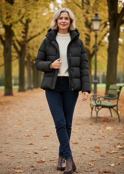 Daunenjacke kurz Schwarz mit Kapuze und Daunen - Ansicht 1
