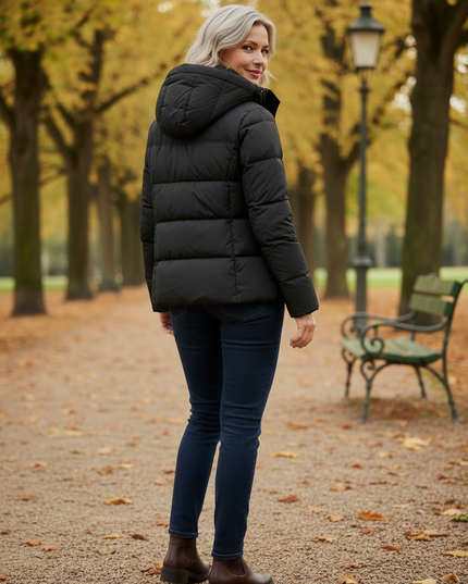 Daunenjacke kurz Schwarz mit Kapuze und Daunen - Ansicht 2