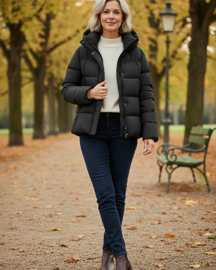 Daunenjacke kurz Schwarz mit Kapuze und Daunen - Ansicht 3