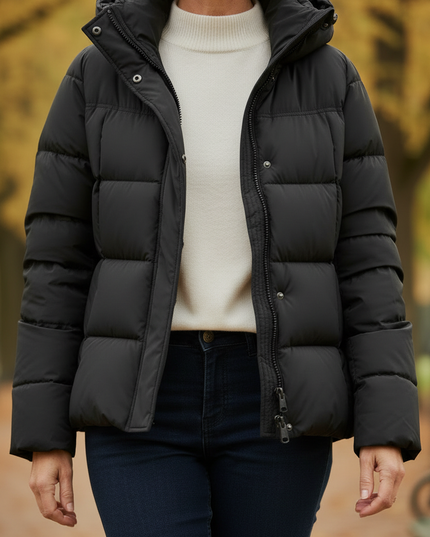 Daunenjacke kurz Schwarz mit Kapuze und Daunen - Ansicht 4